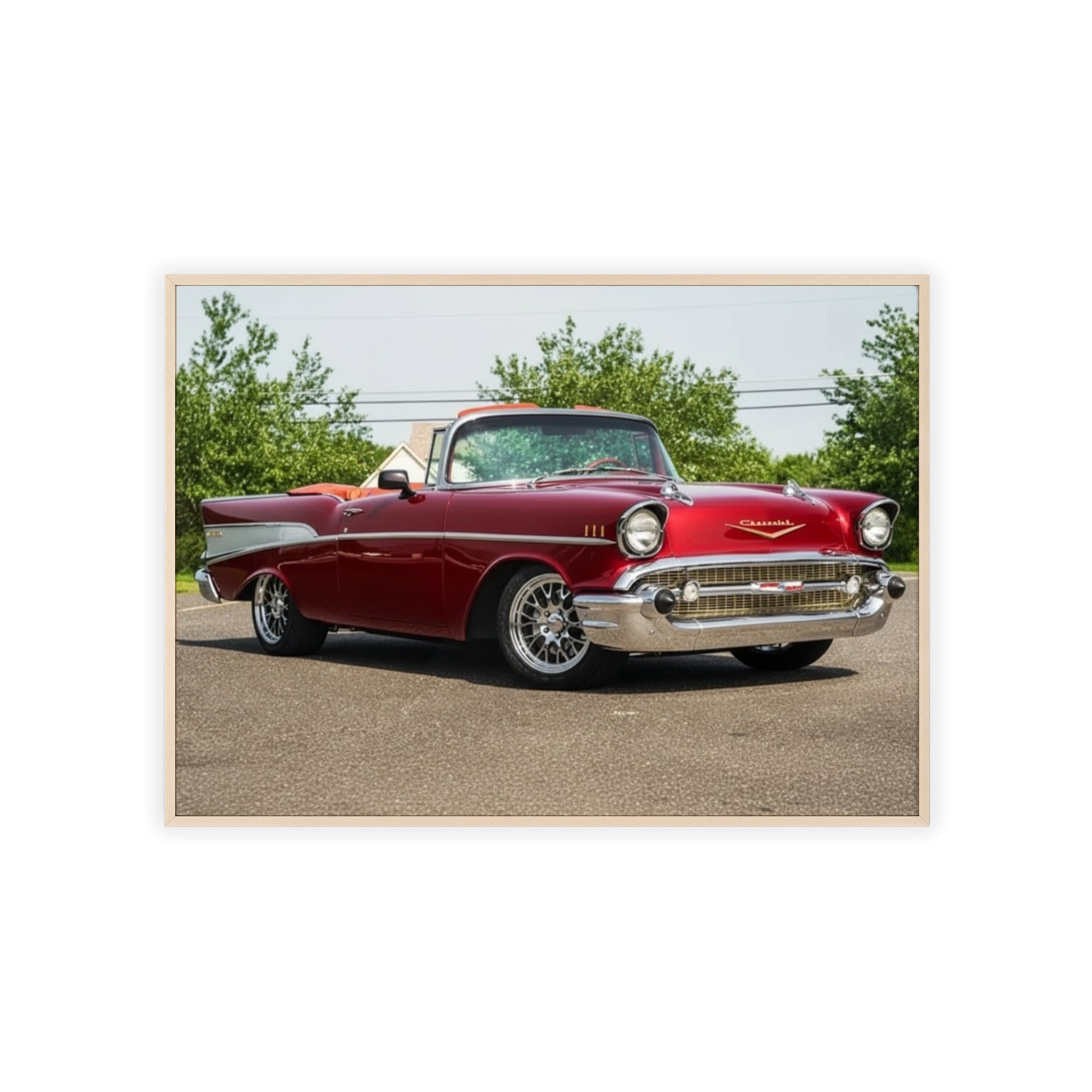 Vintage Red Classic Car Poster with Wooden Frame — Retro Automotive Wall Art