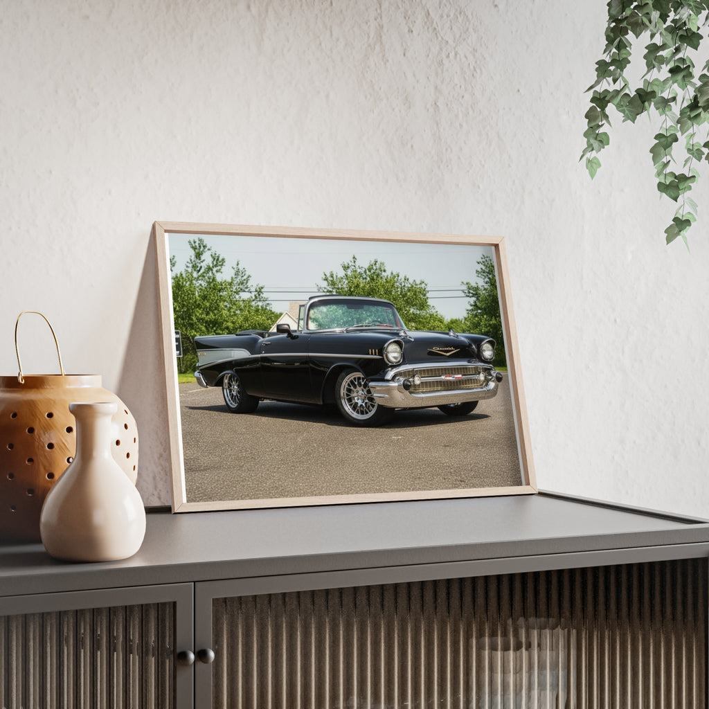 Classic Black 1957 Chevy Poster with Wooden Frame — Vintage Car Wall Art