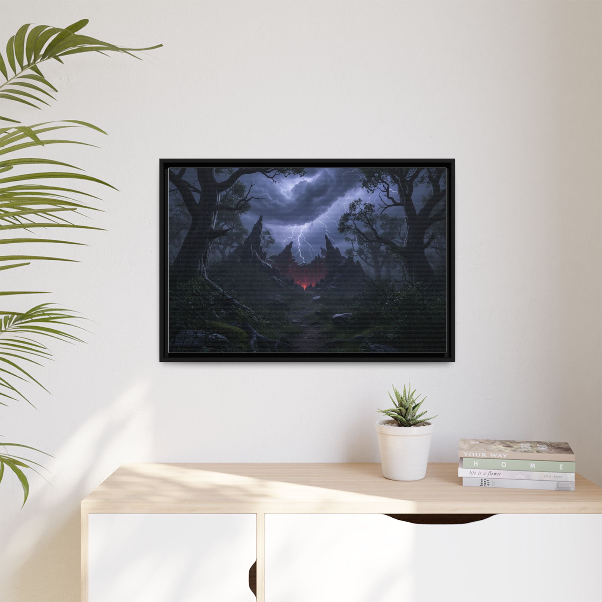 Dark Storm Forest Framed Canvas Print — Lightning, Haunted Castle Art