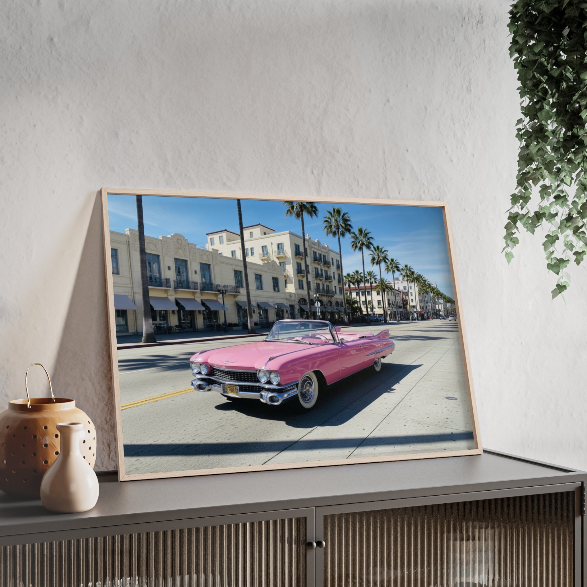 Retro Pink Cadillac Poster with Wooden Frame — Vintage Palm-Drive Wall Art