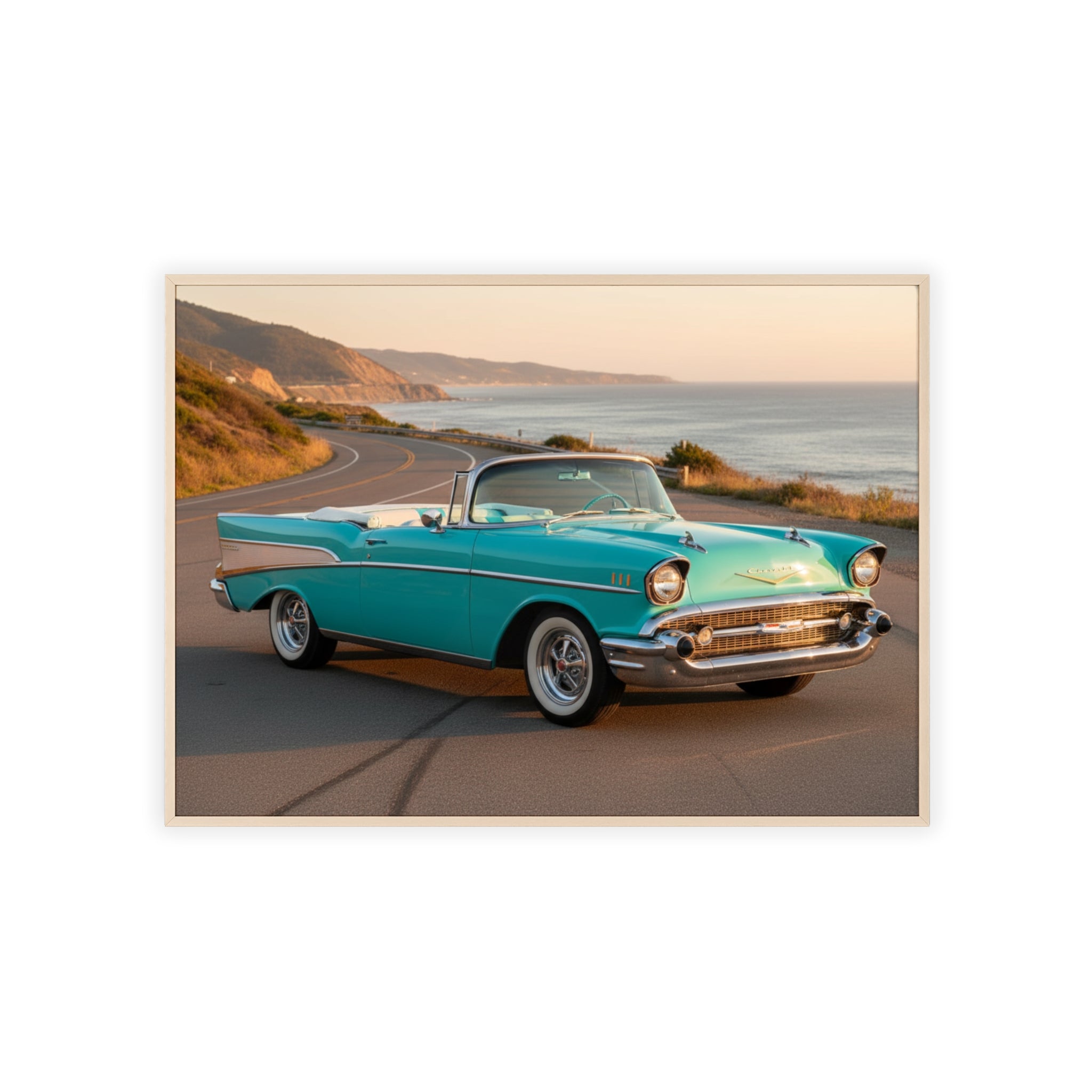 Vintage Teal Classic Car Poster with Wooden Frame — Coastal Road Print