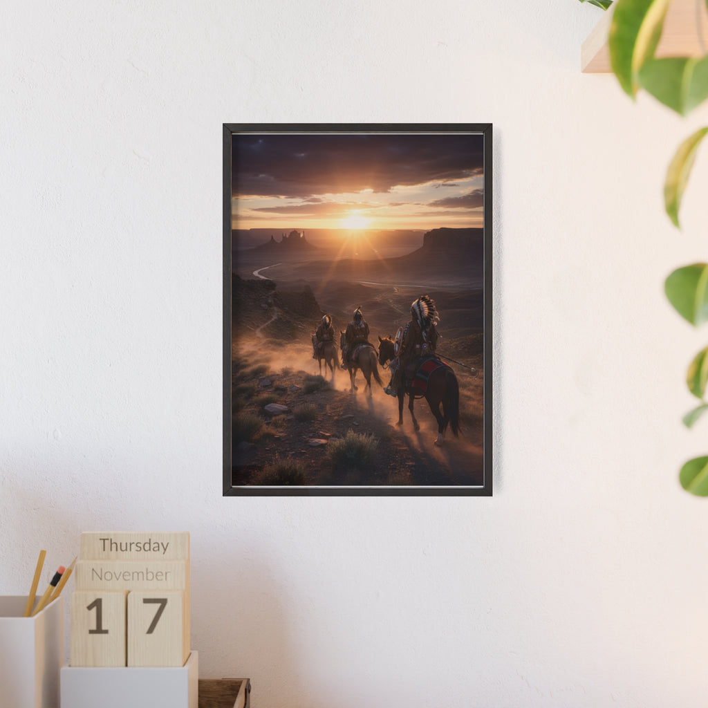 Framed Western Sunset Poster — Native Riders on Horseback Wall Art
