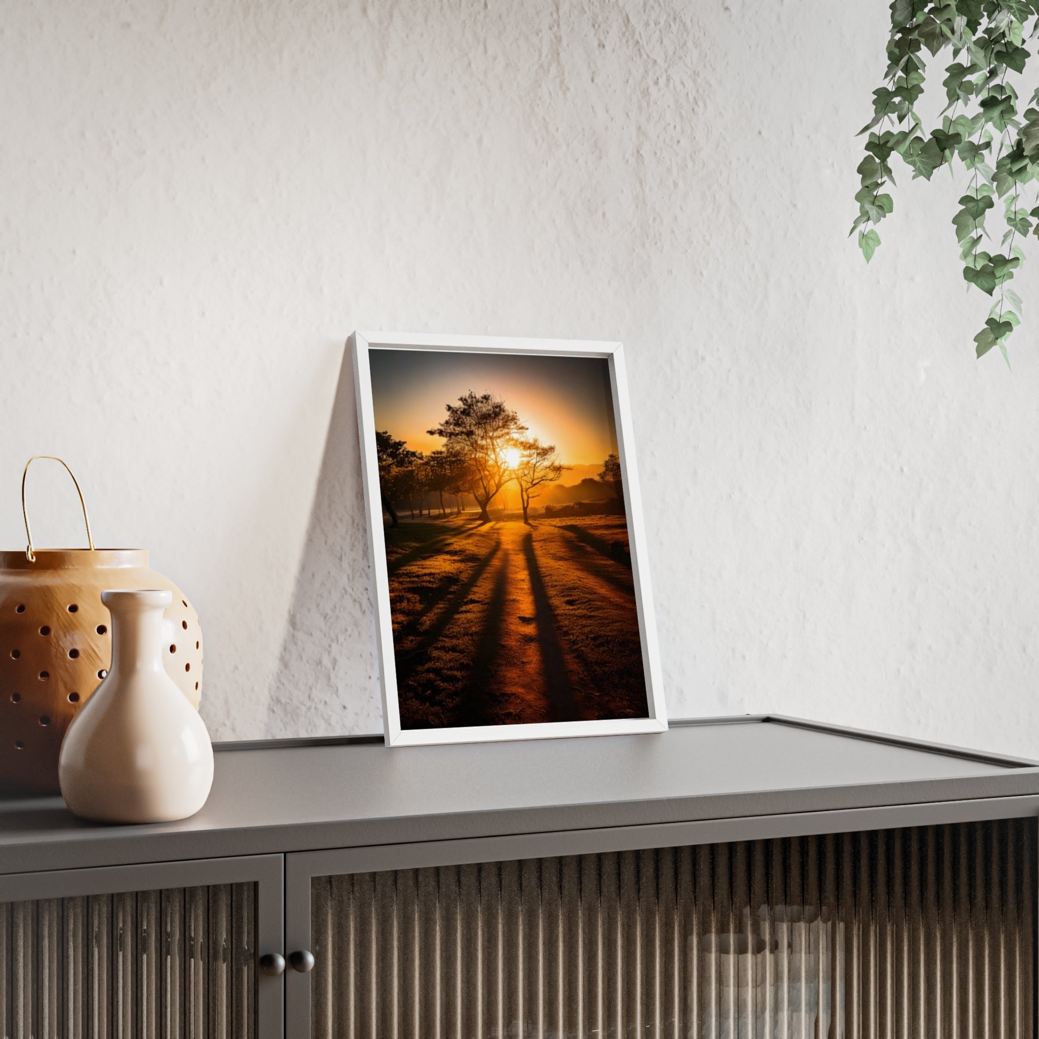 Sunrise Forest Poster — Framed Wooden Wall Art (Sunlit Trees)