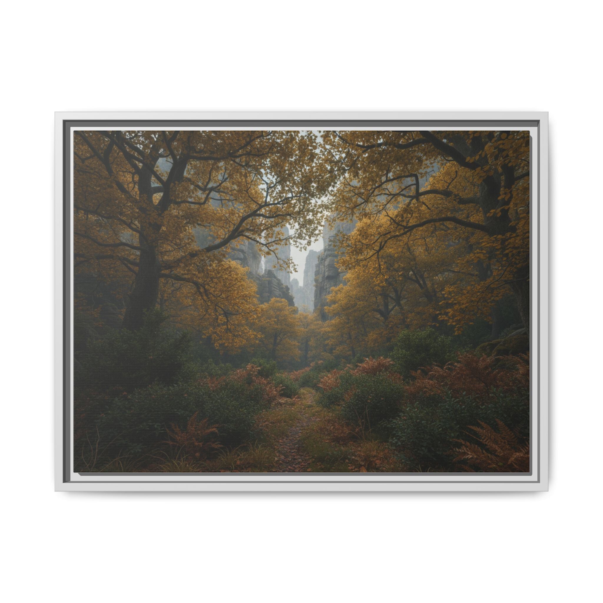 Autumn Forest Path Matte Canvas Print — Framed Wall Art