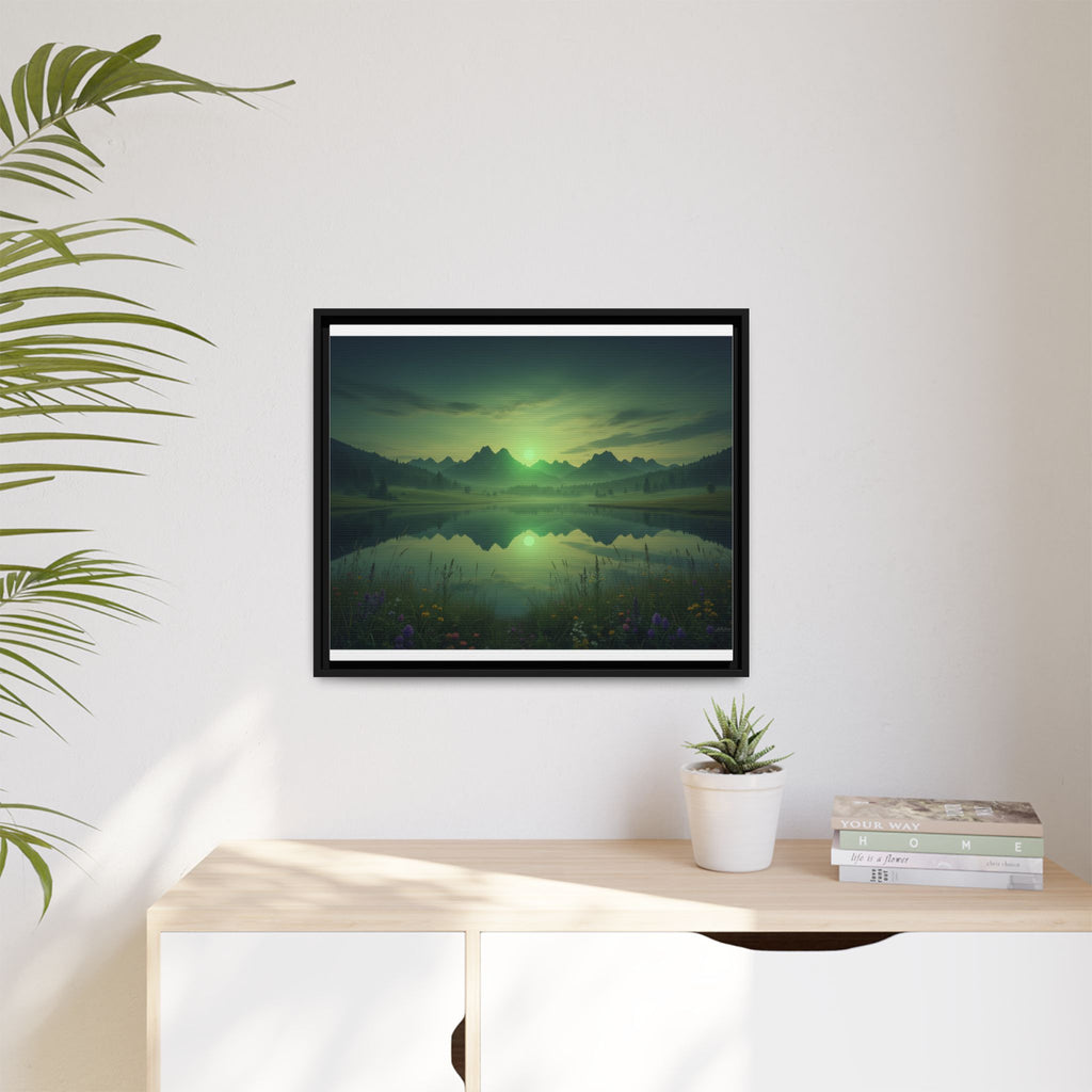 Framed Matte Canvas Print — Serene Green Mountain Lake Landscape