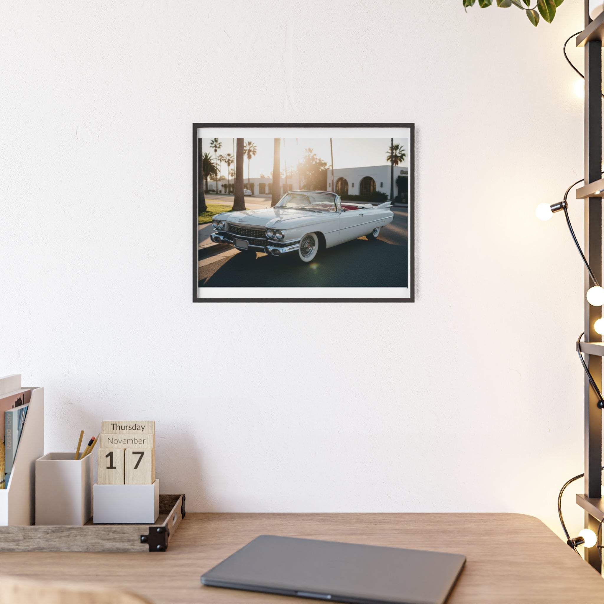 Vintage Cadillac Convertible Poster with Wooden Frame — Retro Palm Trees Sunset Wall Art