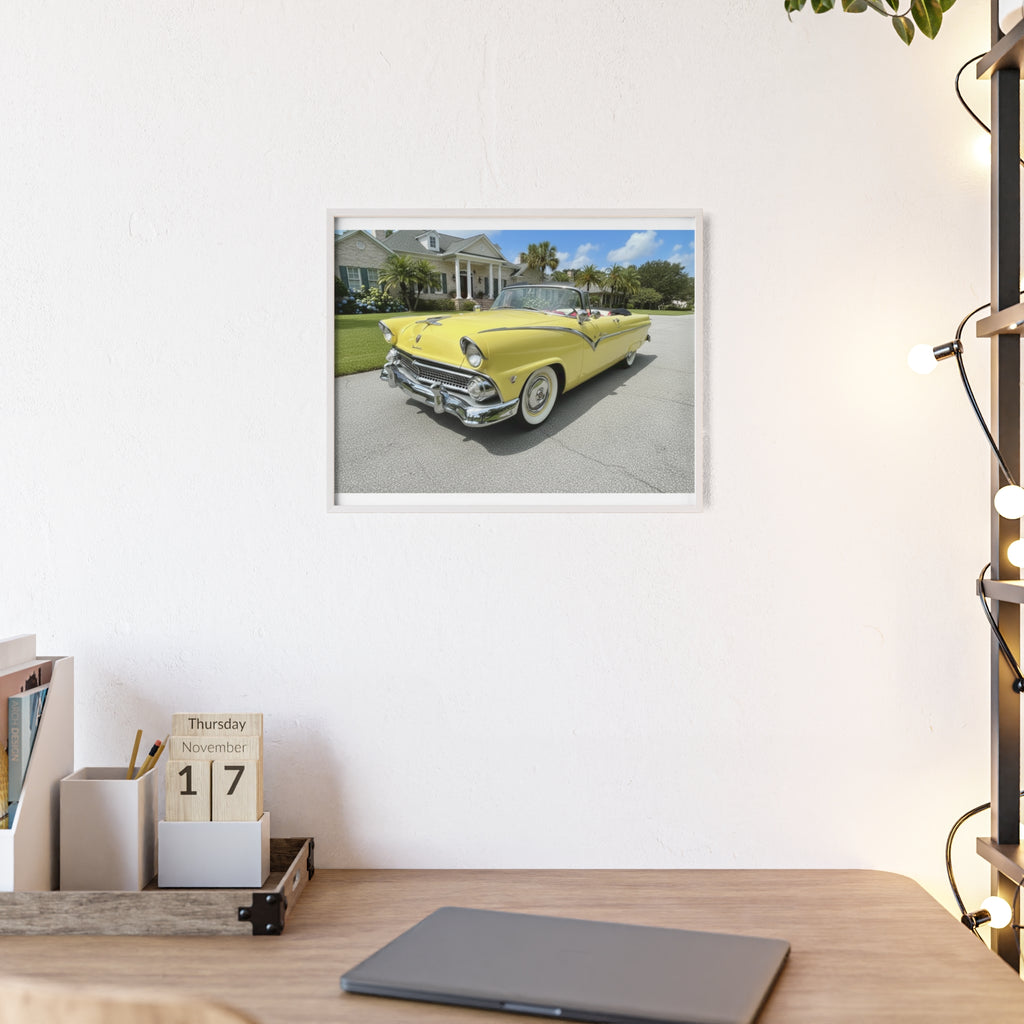 Vintage Yellow Classic Car Poster — Framed Wooden Wall Art