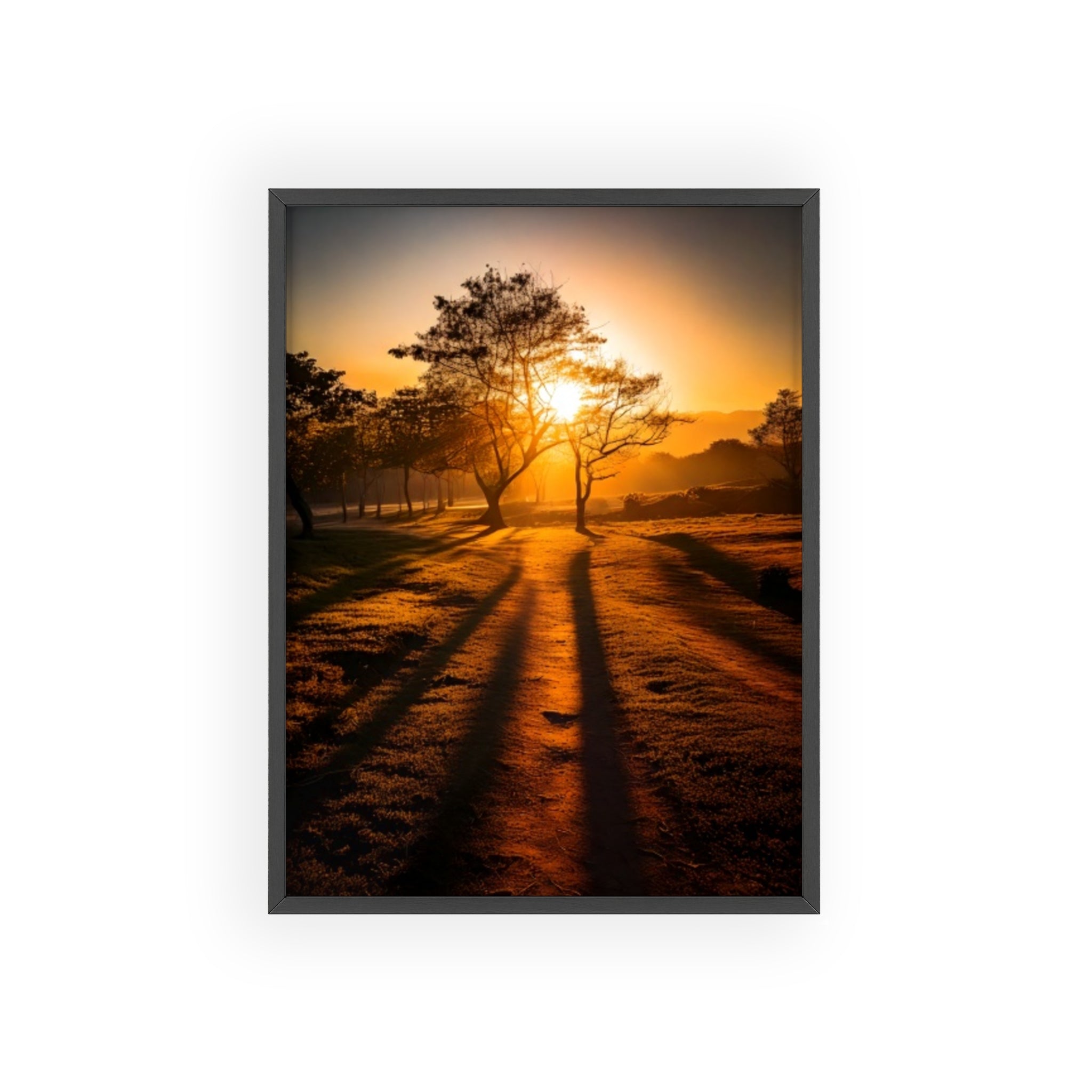 Sunrise Forest Poster — Framed Wooden Wall Art (Sunlit Trees)