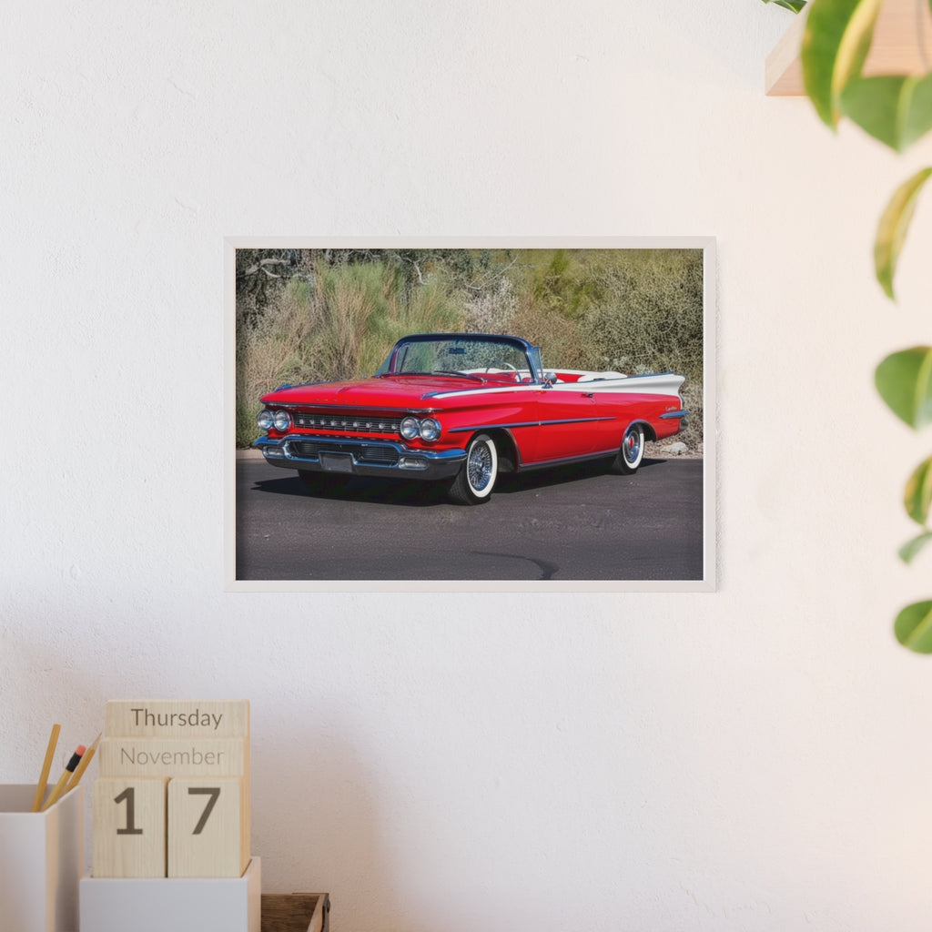 Vintage Red Convertible Car Poster with Wooden Frame — Classic Auto Wall Art