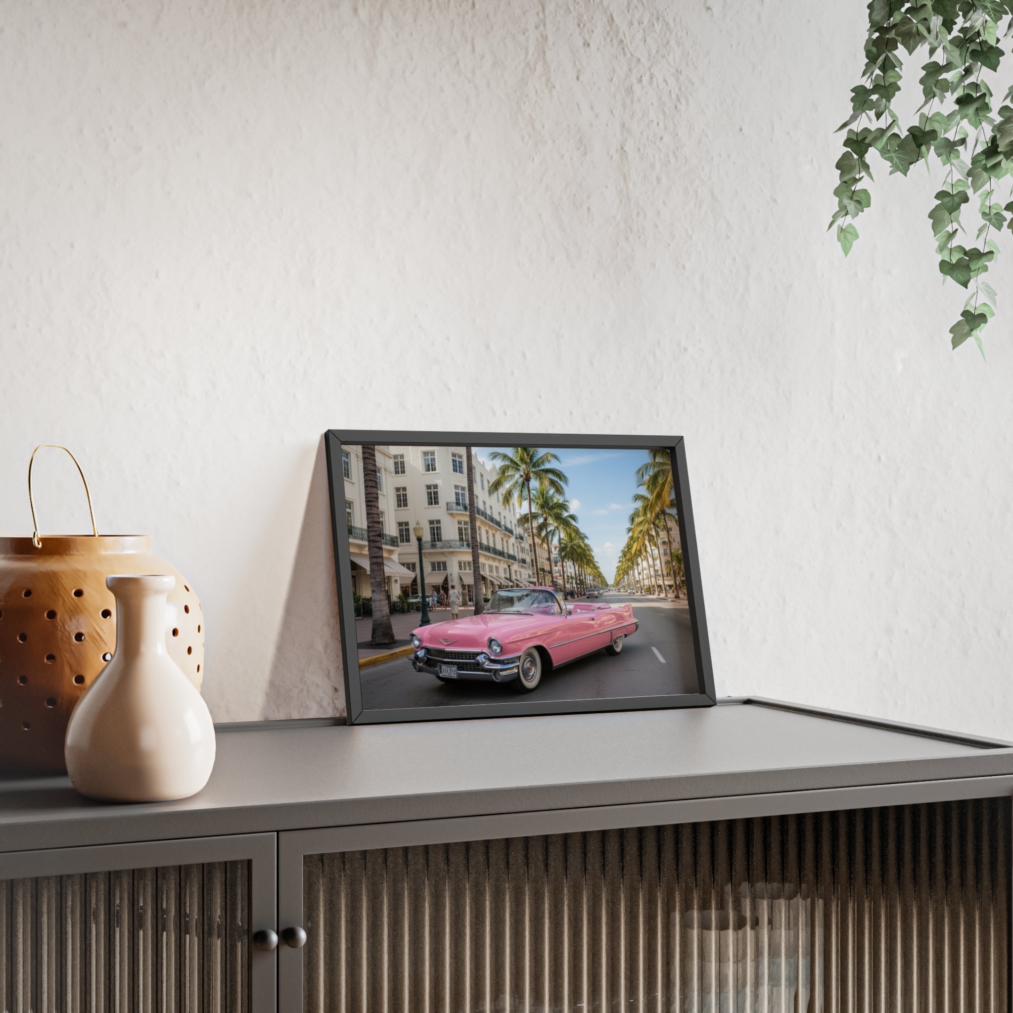 Vintage Pink Cadillac Wall Poster with Wooden Frame — Retro Miami Palm Street Photography