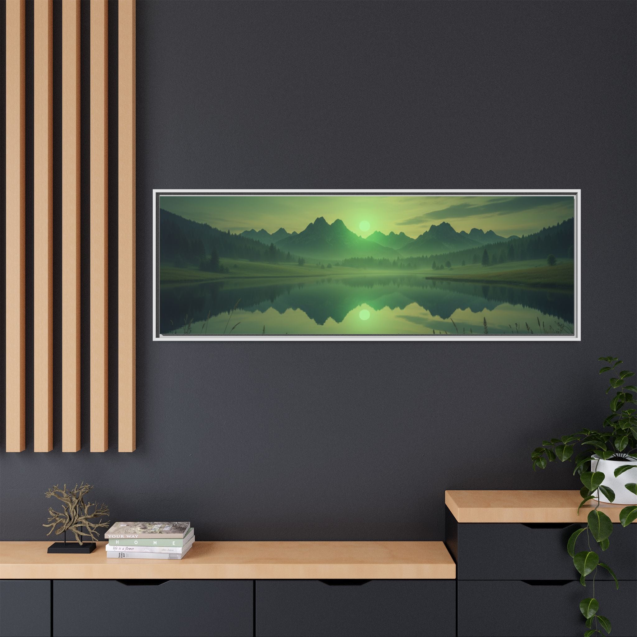 Framed Matte Canvas Print — Serene Green Mountain Lake Landscape