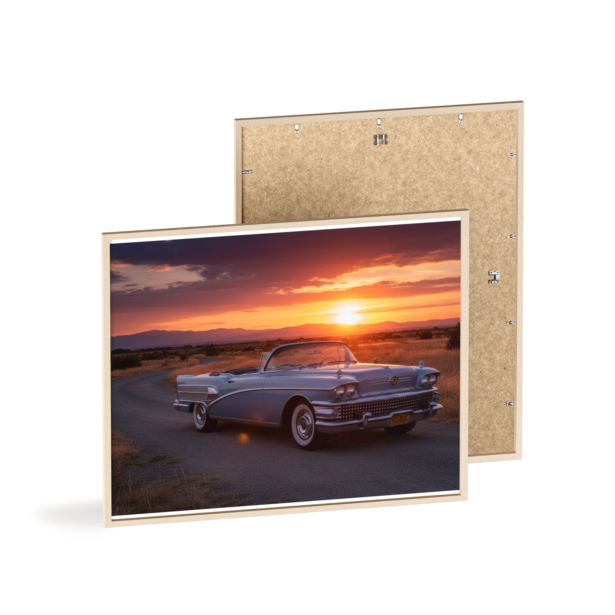 Vintage Convertible Sunset Poster with Wooden Frame