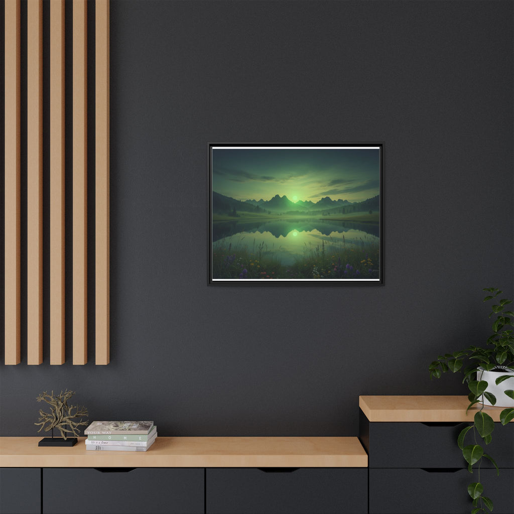 Framed Matte Canvas Print — Serene Green Mountain Lake Landscape