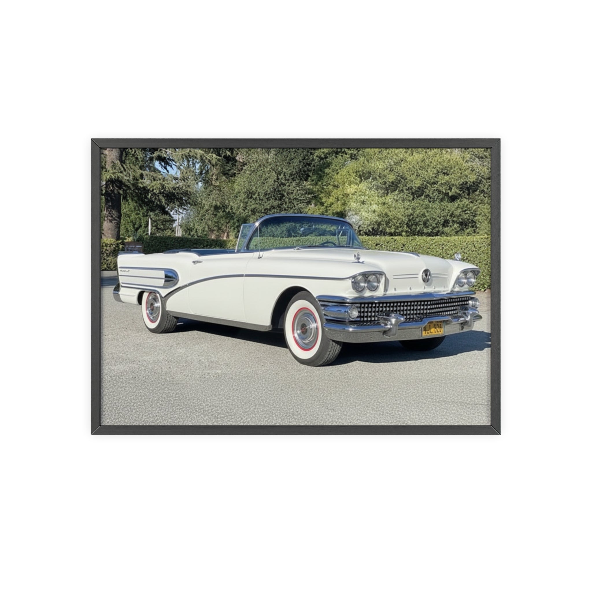 Classic White Convertible Car Poster with Wooden Frame — Vintage Auto Wall Art