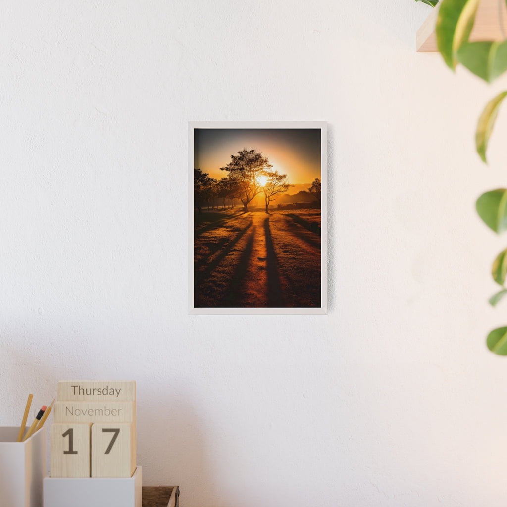 Sunrise Forest Poster — Framed Wooden Wall Art (Sunlit Trees)