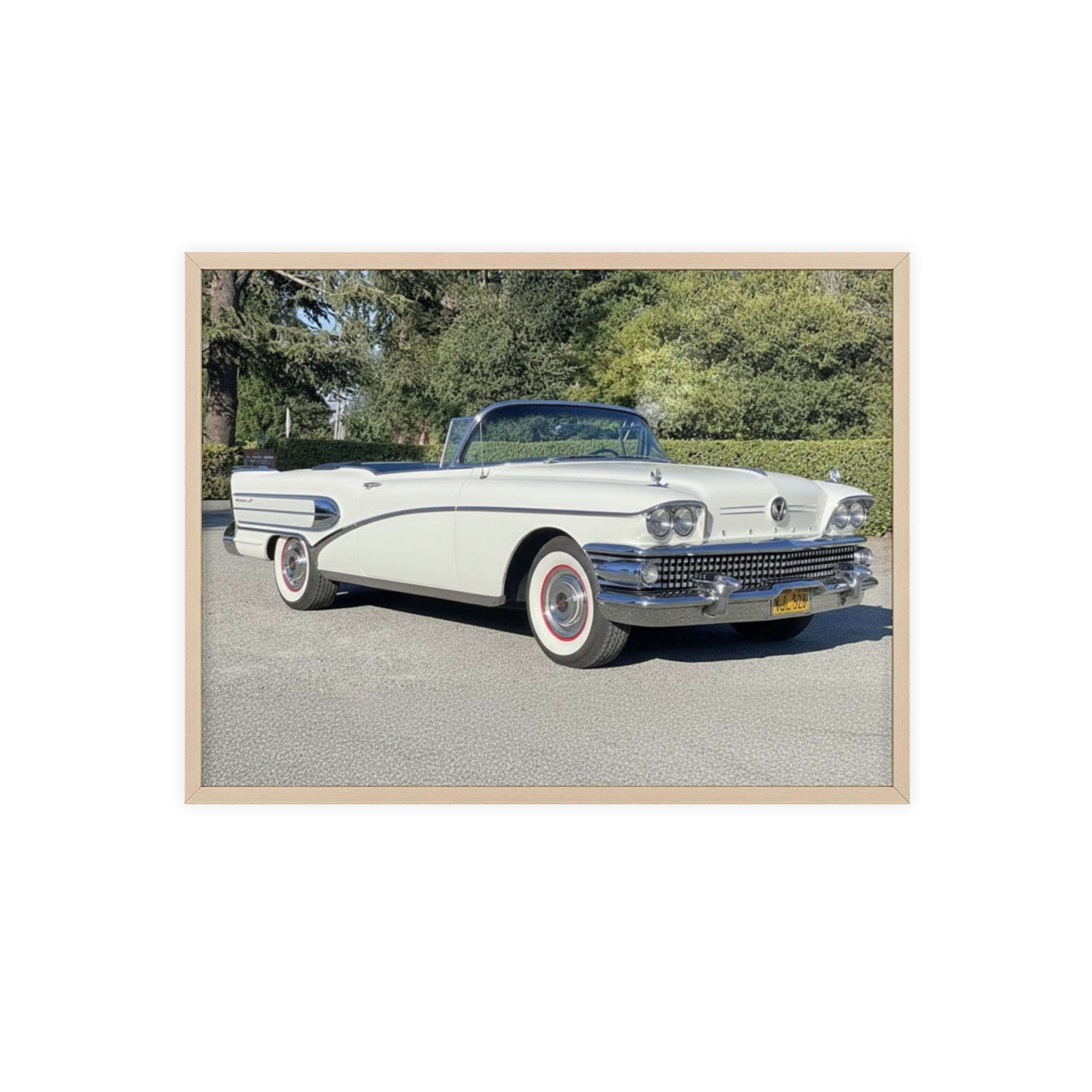 Classic White Convertible Car Poster with Wooden Frame — Vintage Auto Wall Art