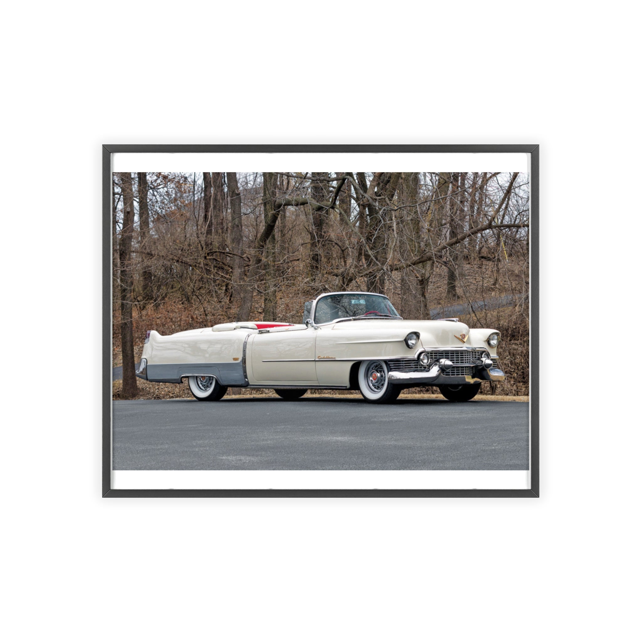 Vintage 1950s White Cadillac Poster with Wooden Frame - Classic Car Wall Art