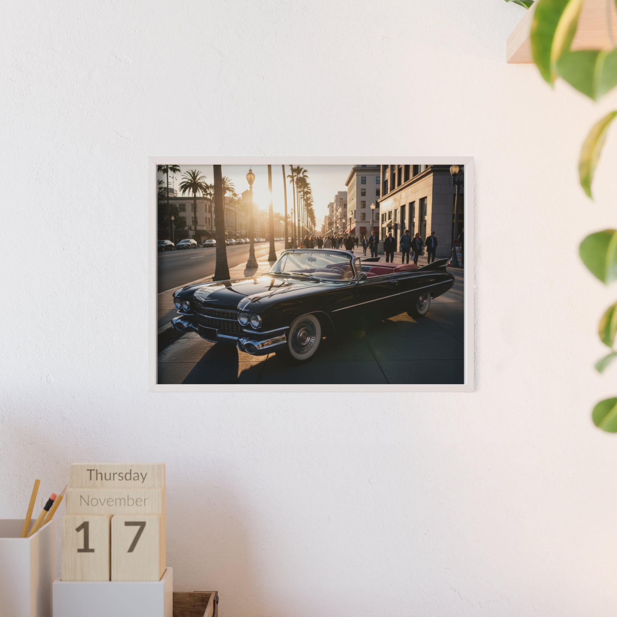 Vintage Convertible Sunset Poster with Wooden Frame