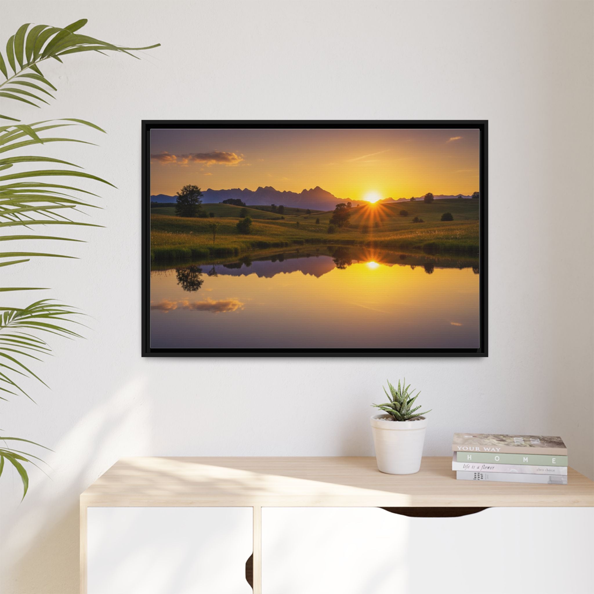 Framed Matte Canvas Sunset Landscape — Serene Lake Reflection Wall Art