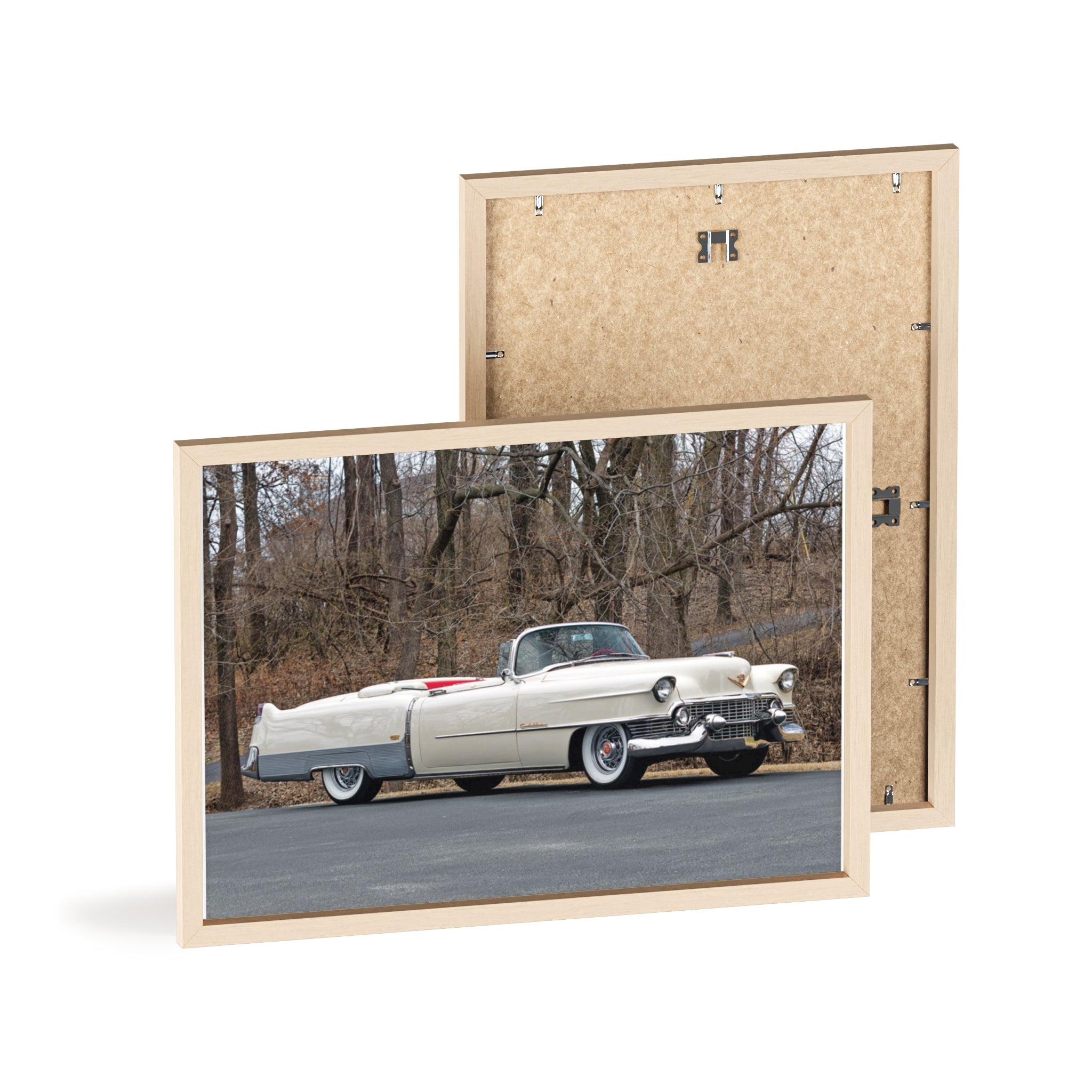 Vintage 1950s White Cadillac Poster with Wooden Frame - Classic Car Wall Art