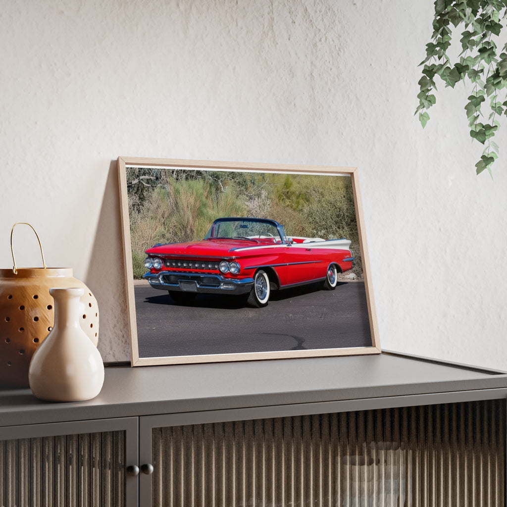 Vintage Red Convertible Car Poster with Wooden Frame — Classic Auto Wall Art