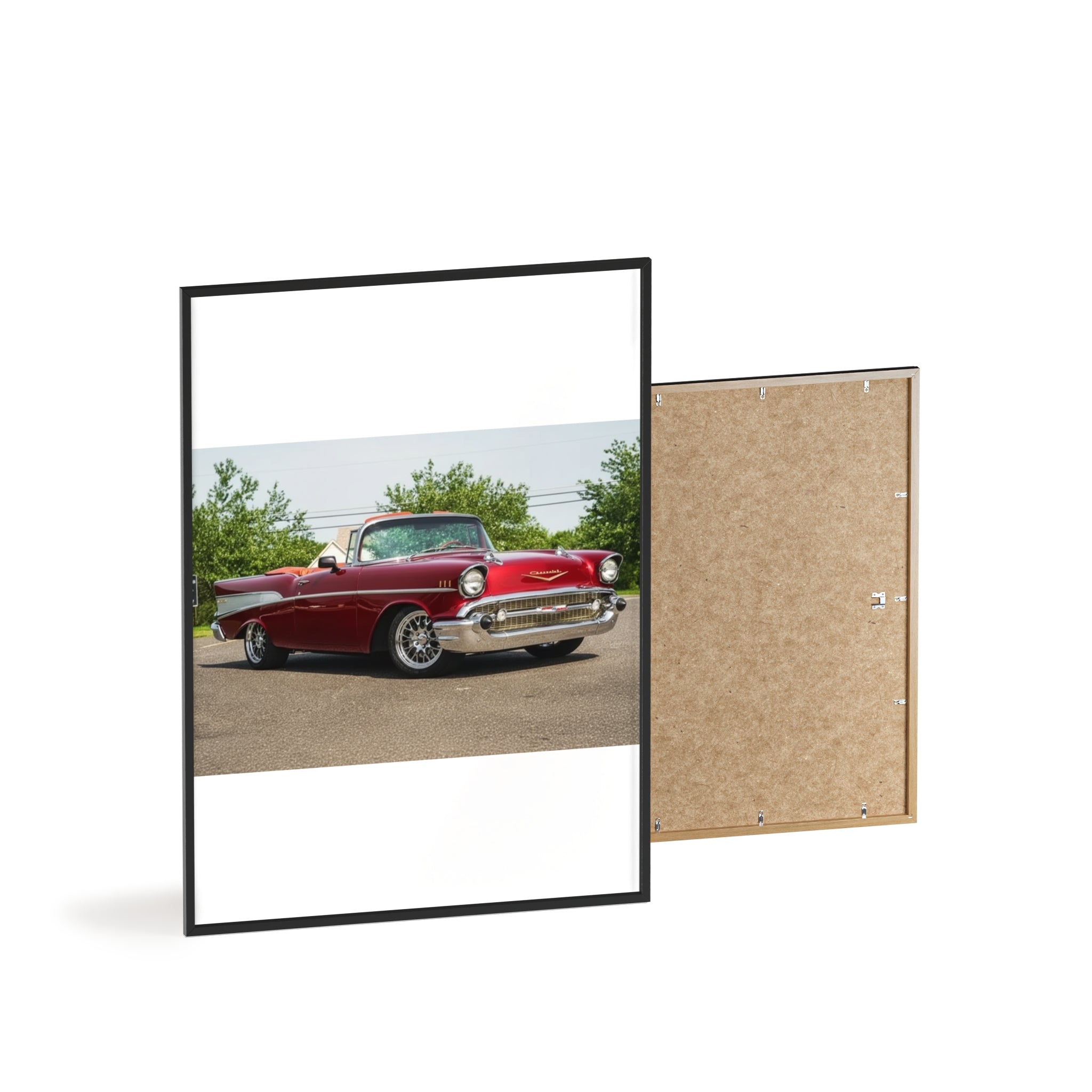 Classic Red Chevy Poster with Wooden Frame — Vintage Car Wall Art for Garage, Man Cave, Auto Enthusiasts