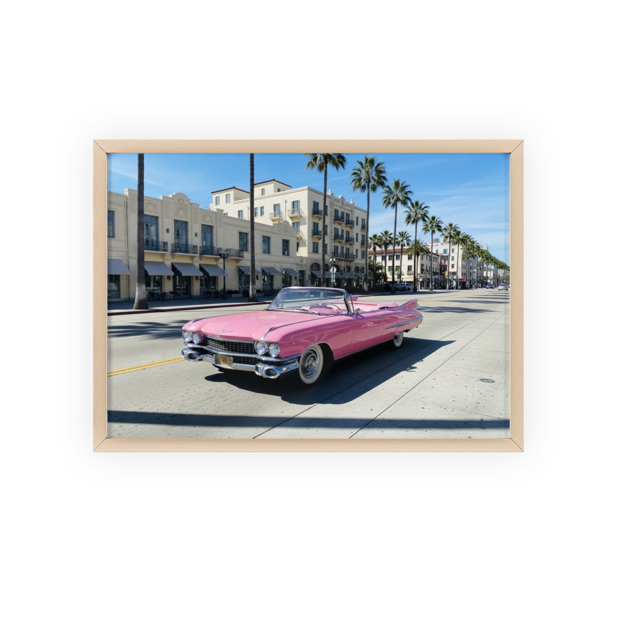 Retro Pink Cadillac Poster with Wooden Frame — Vintage Palm-Drive Wall Art