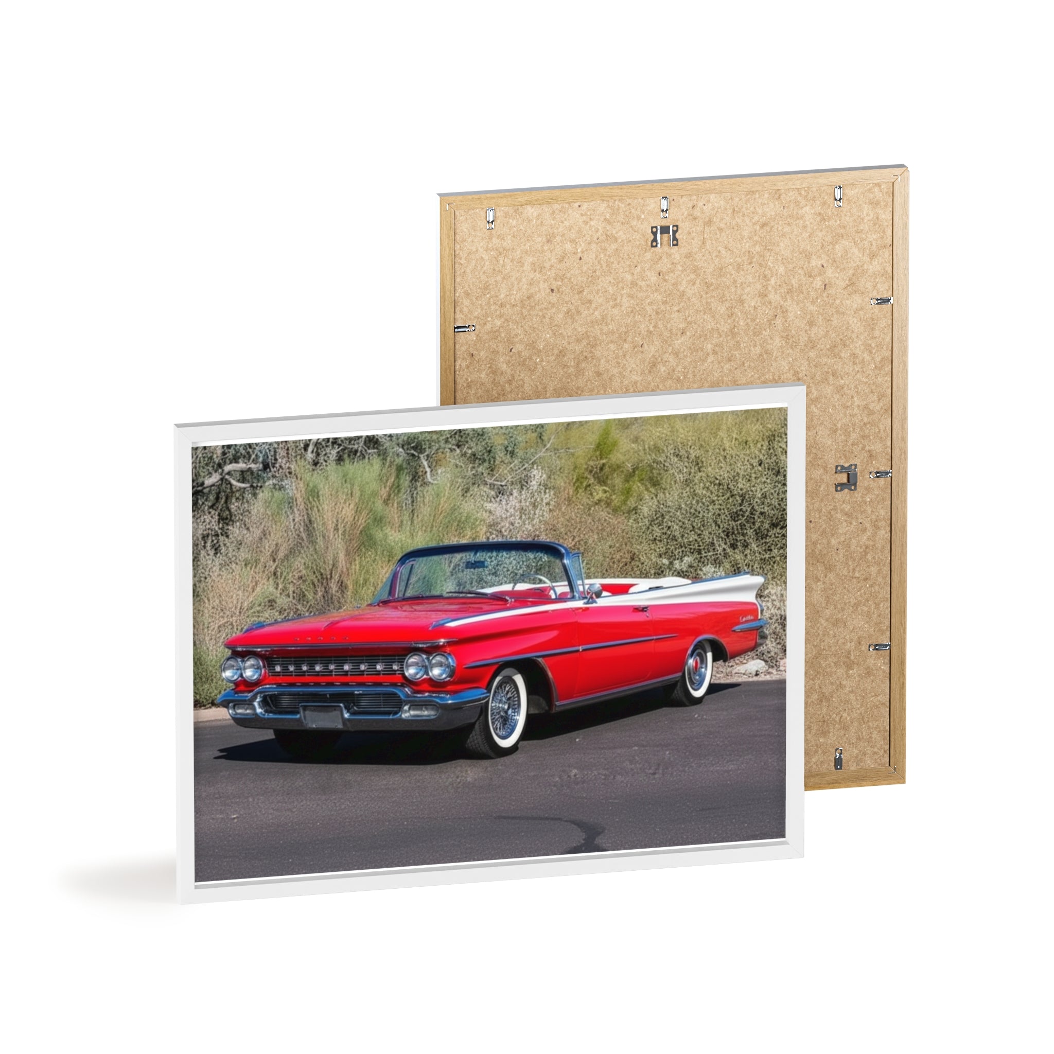 Vintage Red Convertible Car Poster with Wooden Frame — Classic Auto Wall Art