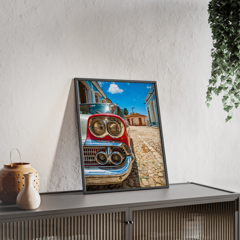 Vintage Classic Car Poster with Wooden Frame — Retro Cuba Street Photography Wall Art