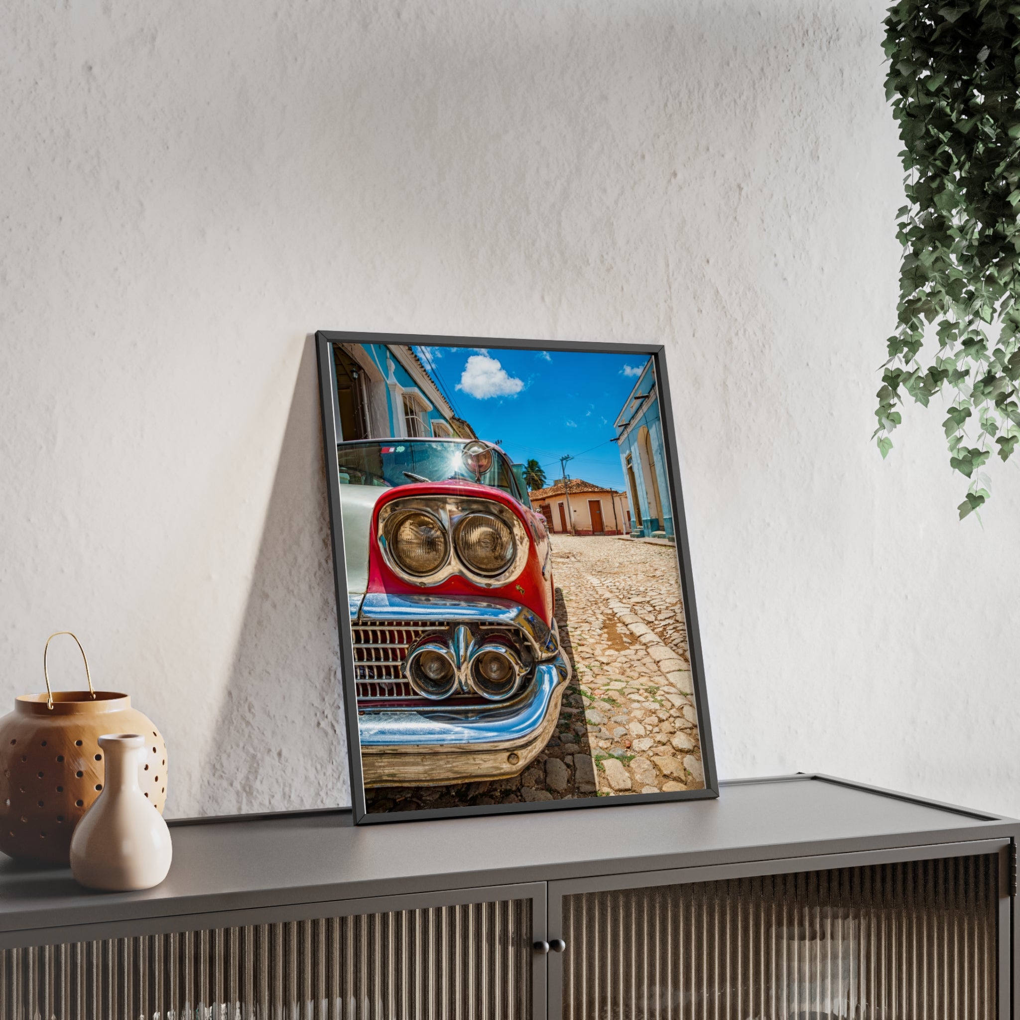 Vintage Classic Car Poster with Wooden Frame — Retro Cuba Street Photography Wall Art