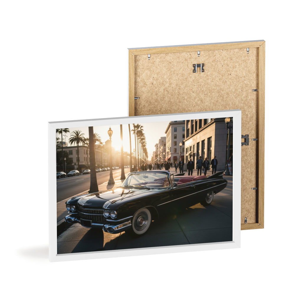Vintage Convertible Sunset Poster with Wooden Frame