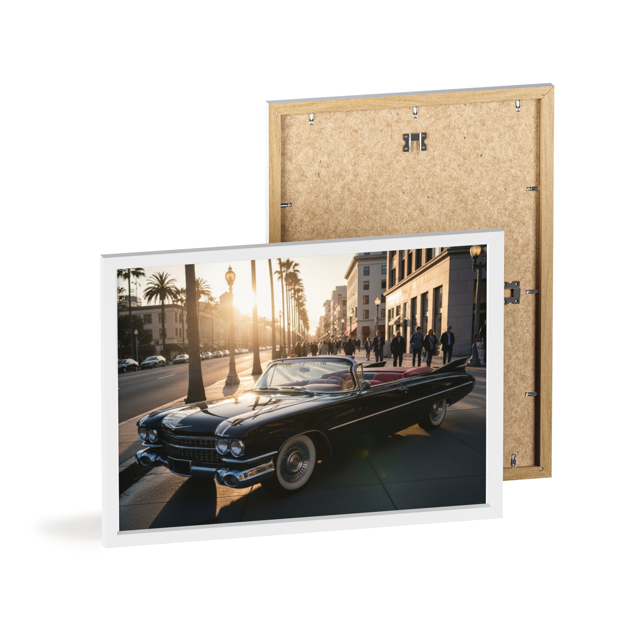 Vintage Convertible Sunset Poster with Wooden Frame