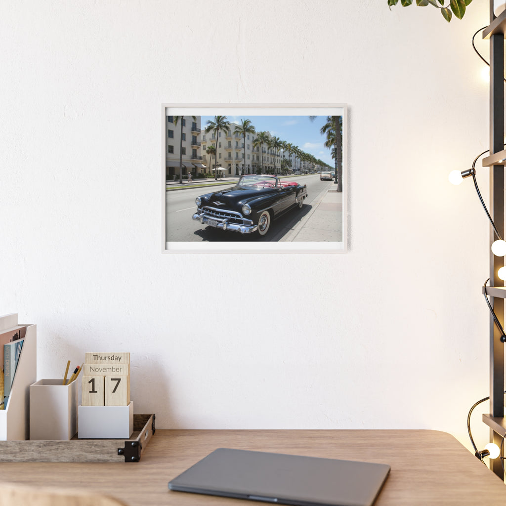 Vintage Convertible on Ocean Drive Framed Poster – Retro Classic Car Wall Art