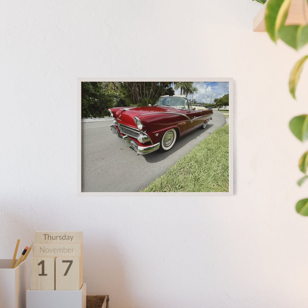 Vintage Red Convertible Poster with Wooden Frame — Classic Car Wall Art