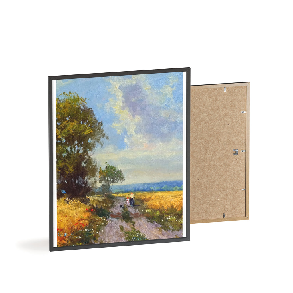 Framed Countryside Landscape Poster — Rustic Wooden Frame Wall Art