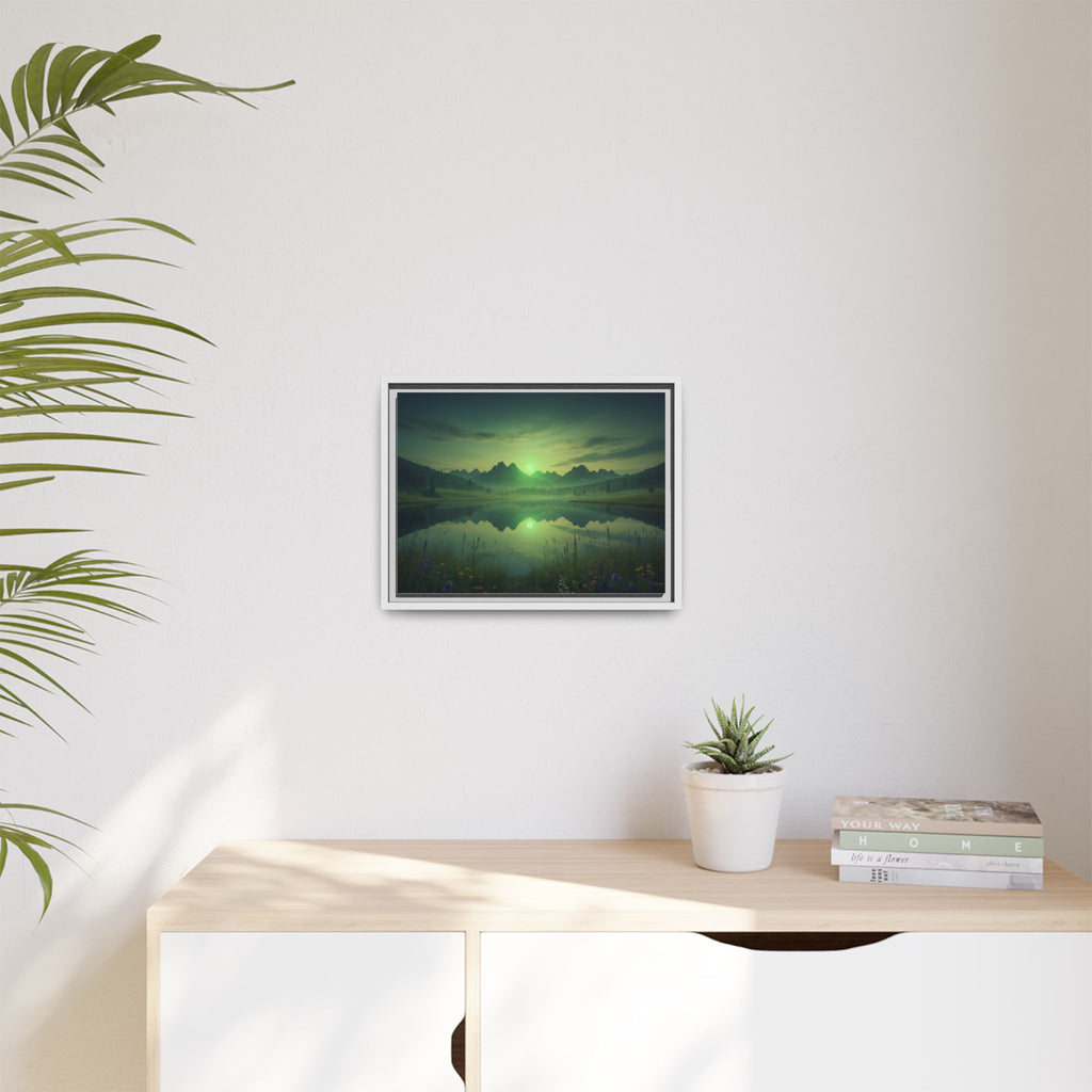 Framed Matte Canvas Print — Serene Green Mountain Lake Landscape