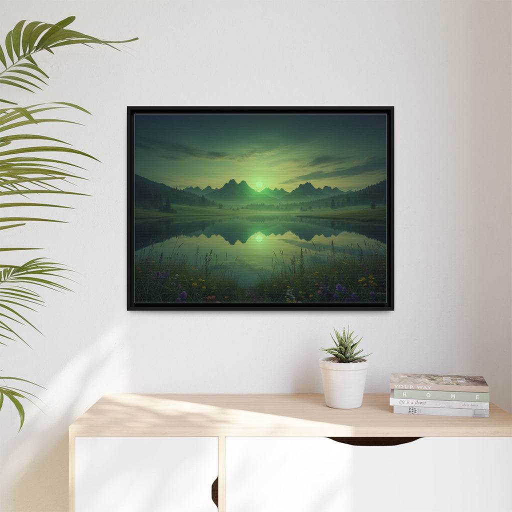Framed Matte Canvas Print — Serene Green Mountain Lake Landscape