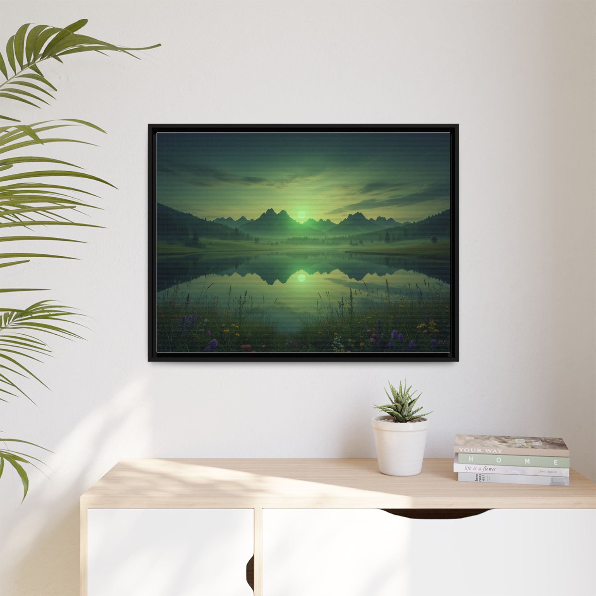 Framed Matte Canvas Print — Serene Green Mountain Lake Landscape