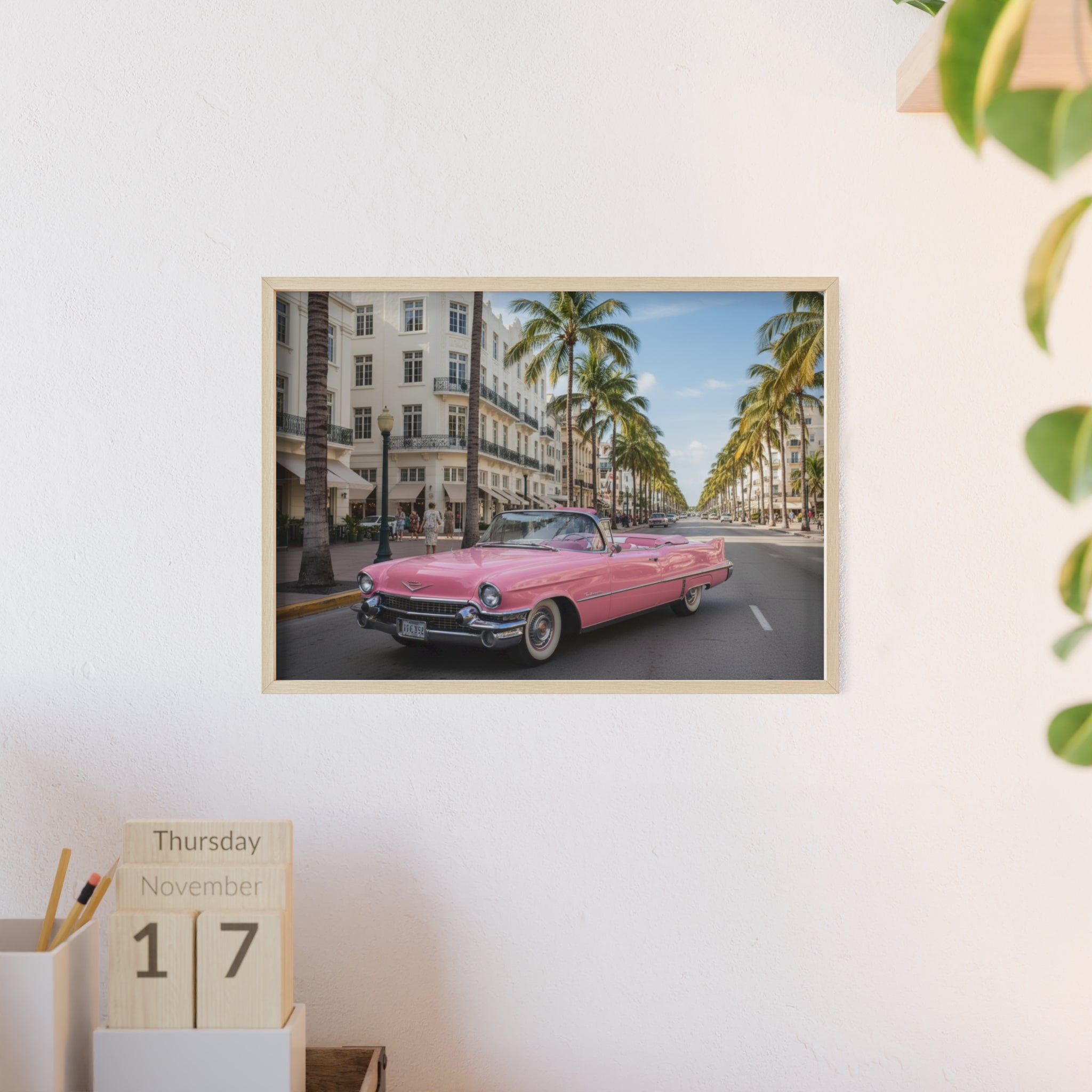 Vintage Pink Cadillac Wall Poster with Wooden Frame — Retro Miami Palm Street Photography