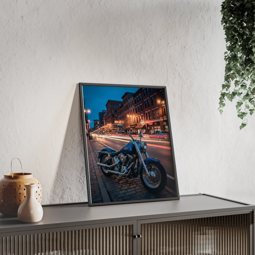 Framed Motorcycle Poster — Night City Street Bike Wall Art