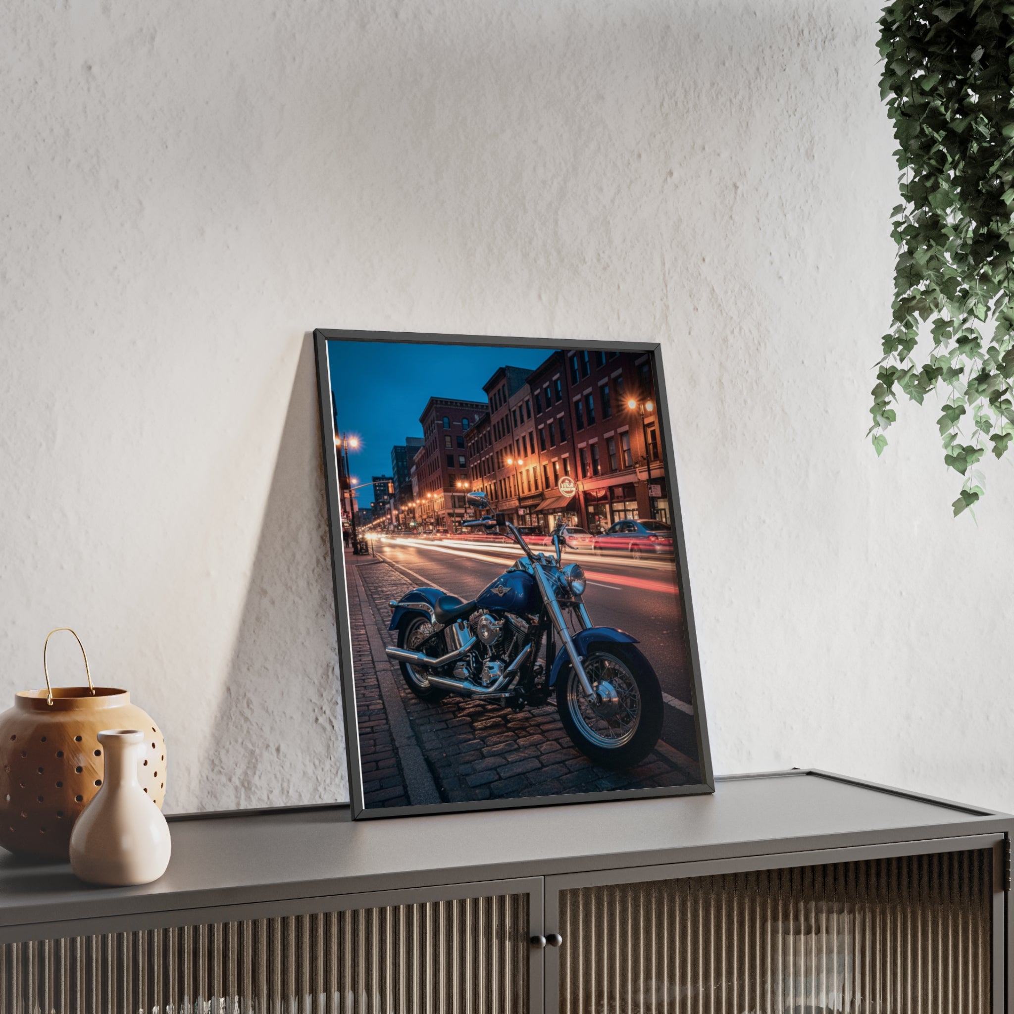 Framed Motorcycle Poster — Night City Street Bike Wall Art