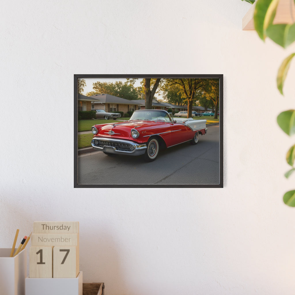 Vintage Red Convertible Poster with Wooden Frame — Classic Car Wall Art