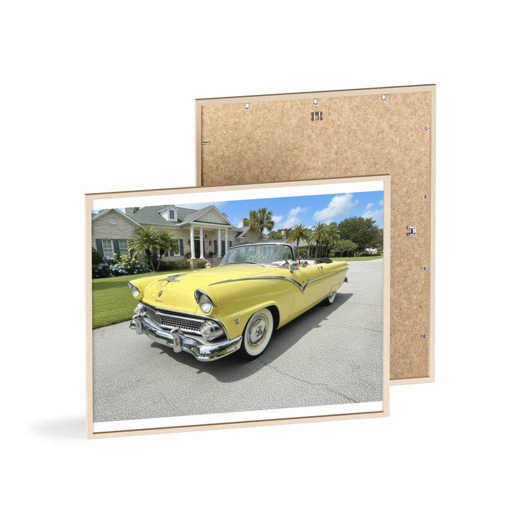 Vintage Yellow Classic Car Poster — Framed Wooden Wall Art