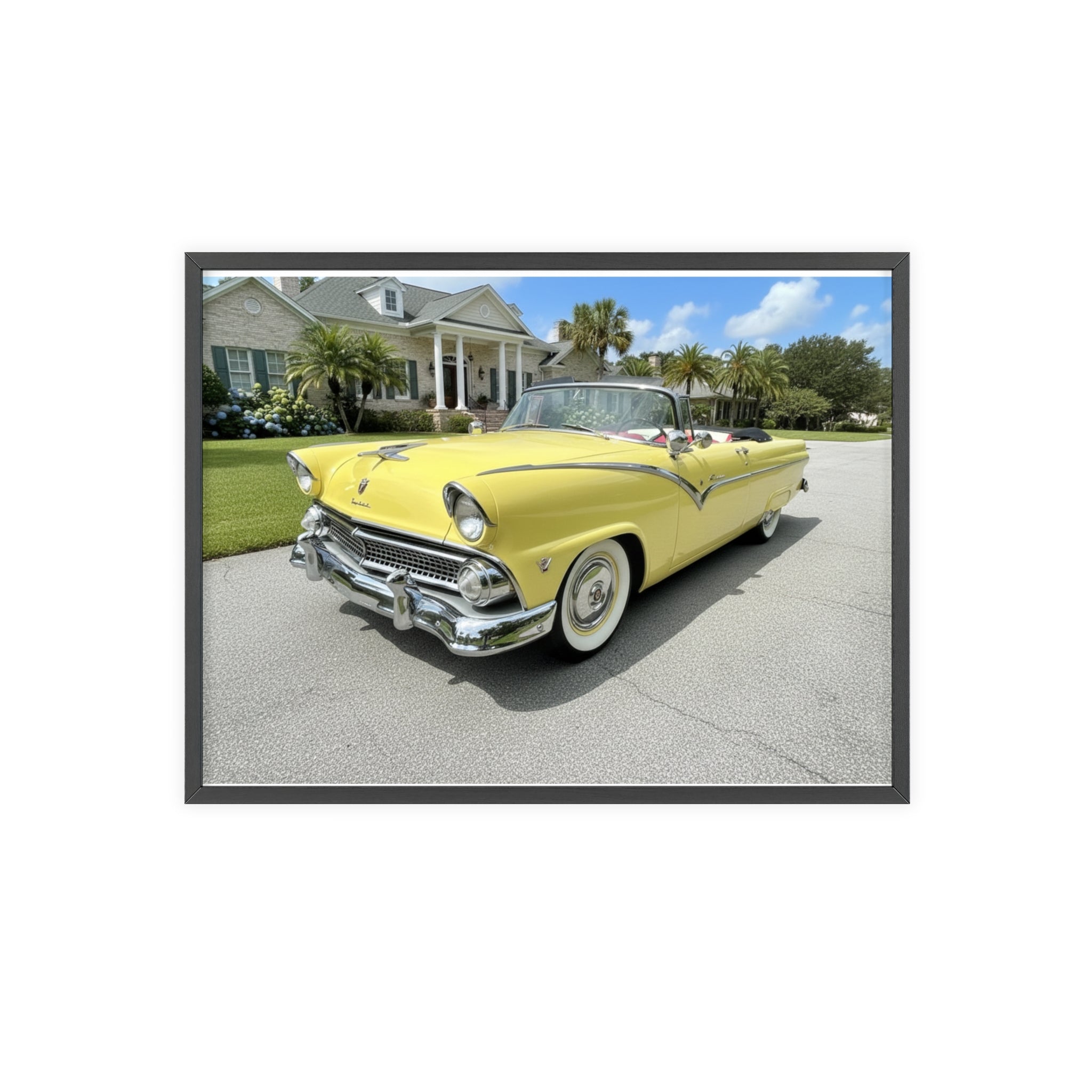 Vintage Yellow Classic Car Poster — Framed Wooden Wall Art