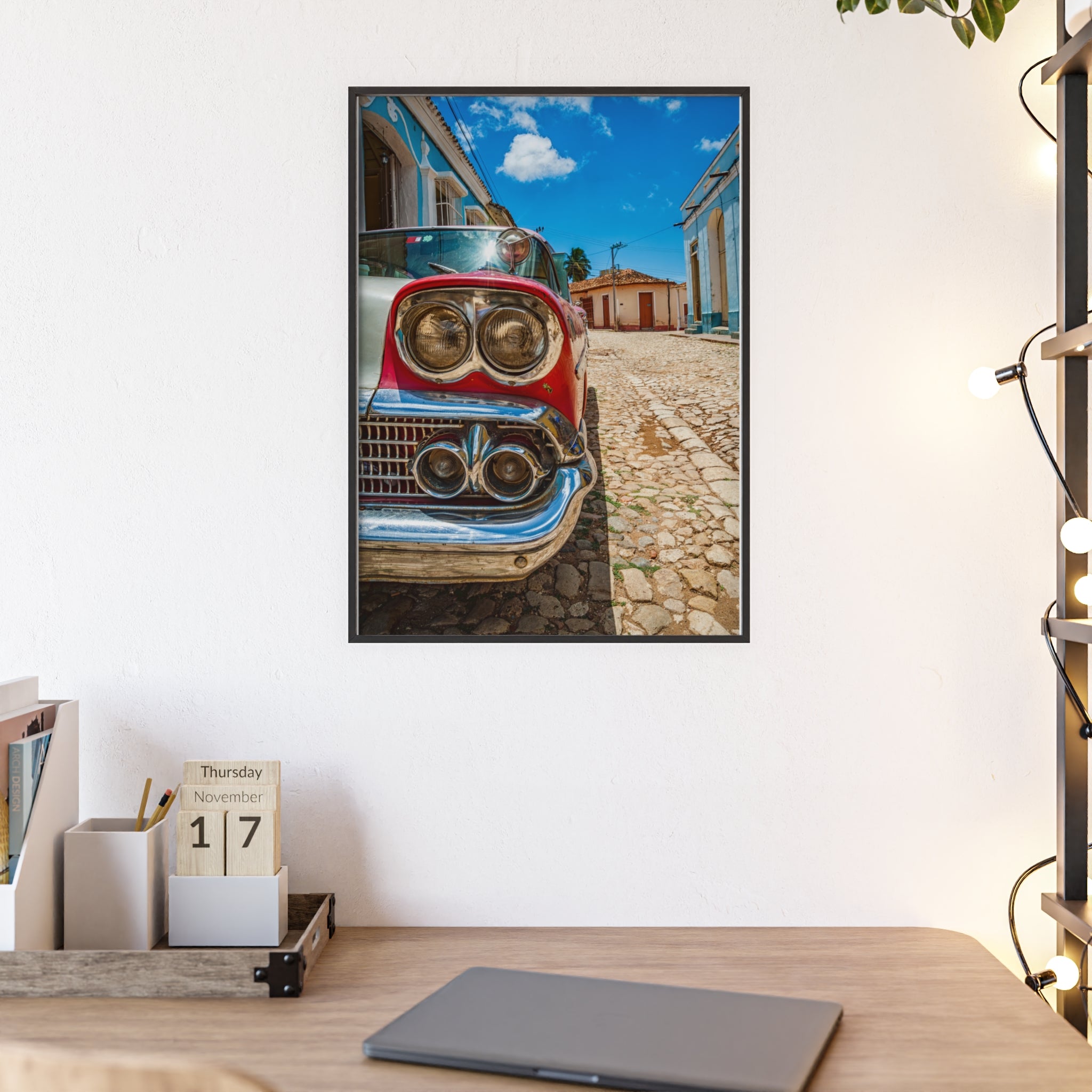 Vintage Classic Car Poster with Wooden Frame — Retro Cuba Street Photography Wall Art
