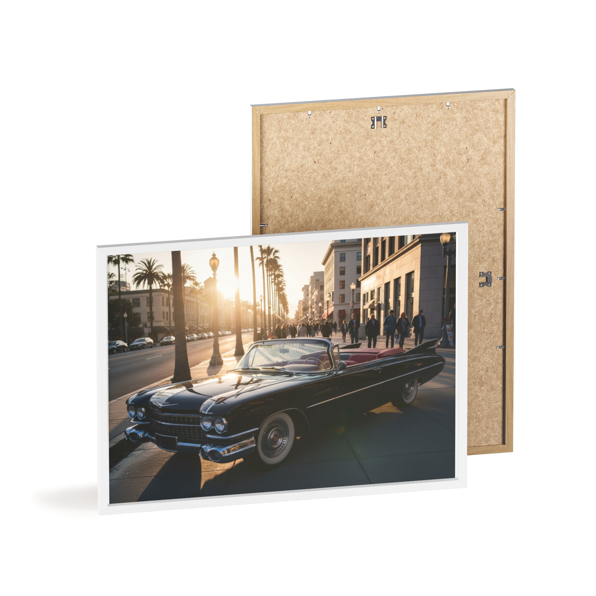 Vintage Convertible Sunset Poster with Wooden Frame