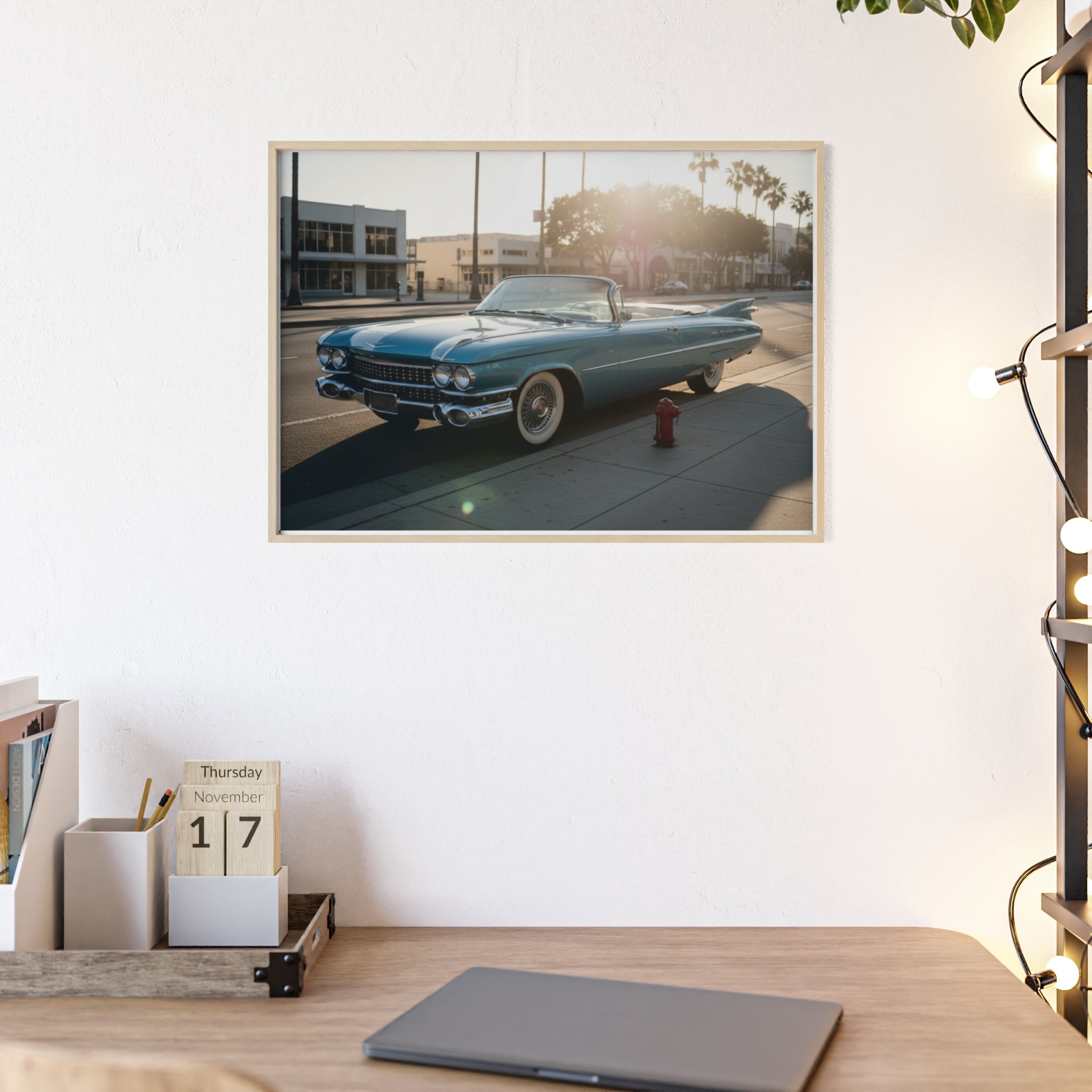 Vintage Blue Cadillac Poster with Wooden Frame – Retro Car Wall Art