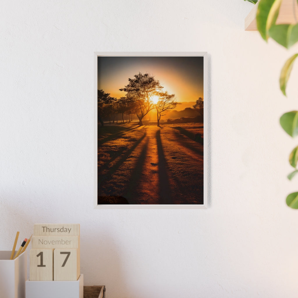 Sunrise Forest Poster — Framed Wooden Wall Art (Sunlit Trees)