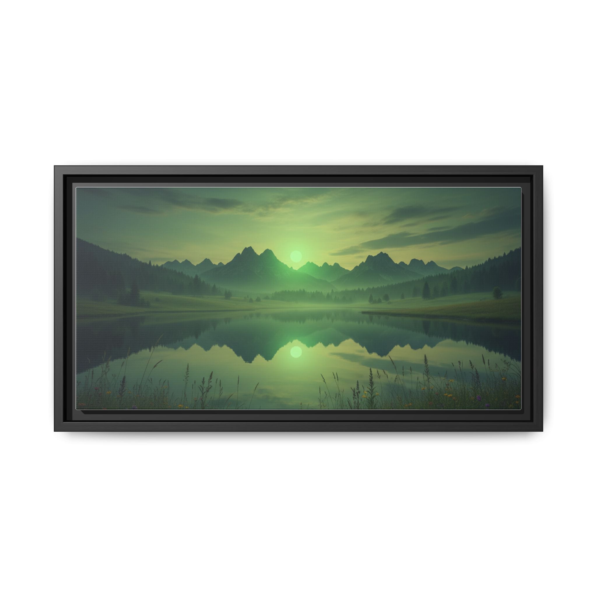 Framed Matte Canvas Print — Serene Green Mountain Lake Landscape