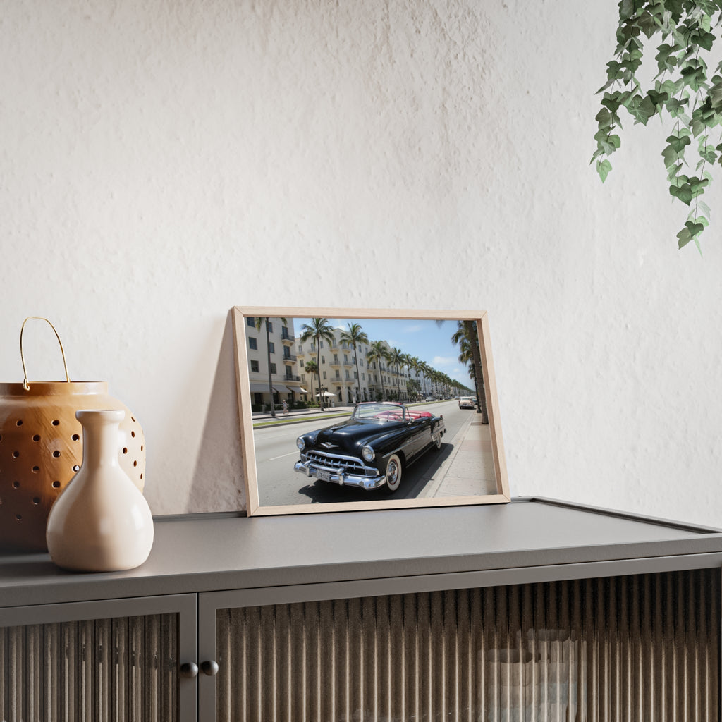Vintage Convertible on Ocean Drive Framed Poster – Retro Classic Car Wall Art